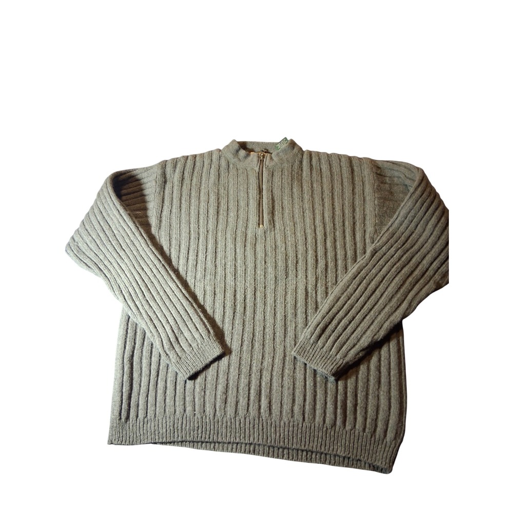 REI Mens Quarter Zip Virgin Wool Ribbed Sweater Olive Green Tall Medium